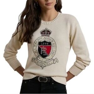Lauren Ralph Lauren Cream Intarsia-Knit Crest Cotton Sweater Size Small MSRP 195